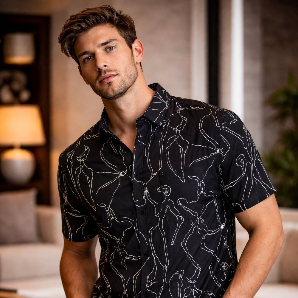 PacSun Black Abstract Line Art Button-Down Shirt – Size Medium